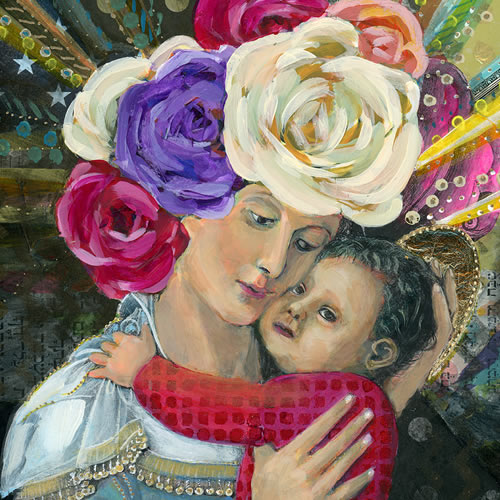 painting and gold leaf modern icon of jesus and mary 