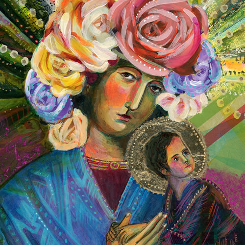 painting and gold leaf modern icon of jesus and mary 