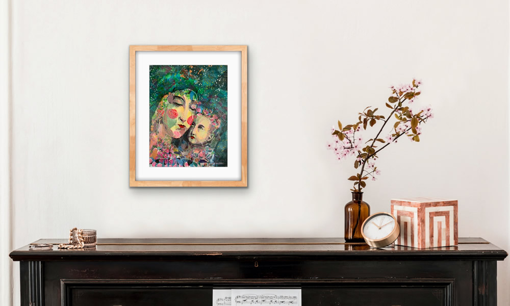 the mother of jesus, mary in blues and gold on wall above table with clock, flowers and jewelry