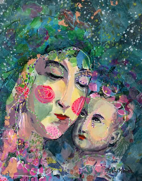 Christian wall art of mary, jesus' mother in blues and gold