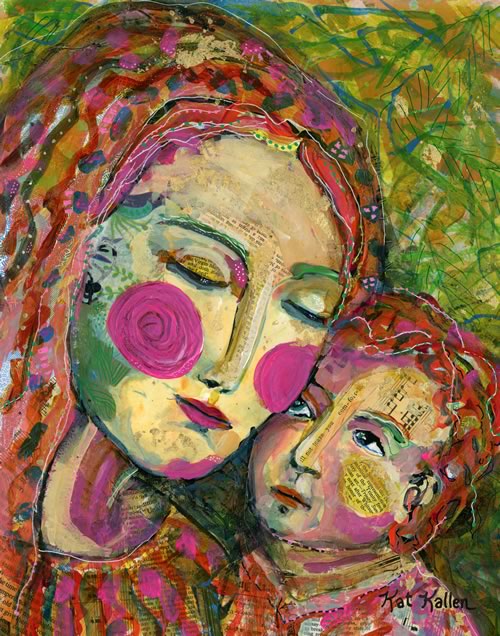 mary, mother of christ, layers of paint and collaged papers
