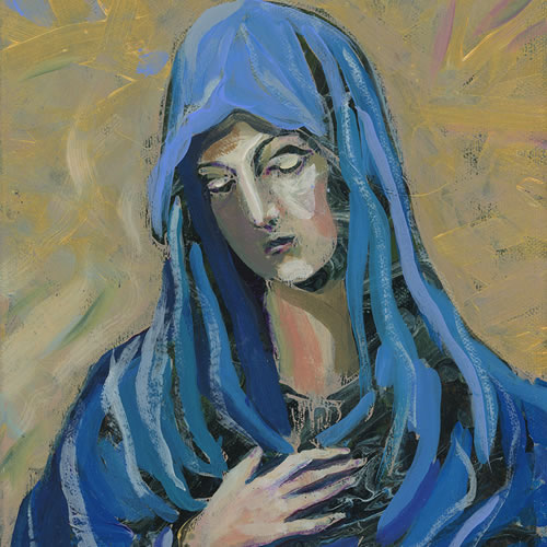  vibrant painting of mary and jesus with gold and orange colors