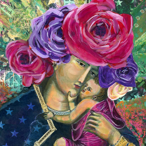 jesus with mary iconography colorful flowers as crown 