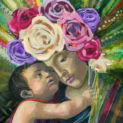 new painting of the mother of jesus, mary with a halo 