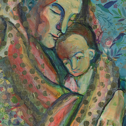  vibrant painting of mary and jesus with gold and orange colors