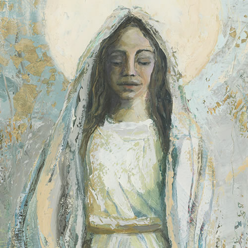  vibrant painting of mary and jesus with gold and orange colors