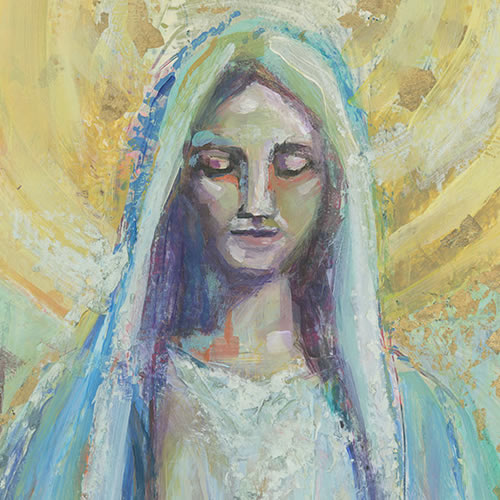  vibrant painting of mary and jesus with gold and orange colors