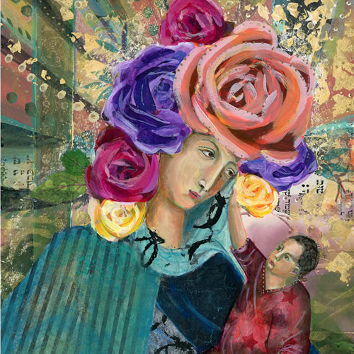  vibrant painting of mary and jesus with gold and orange colors