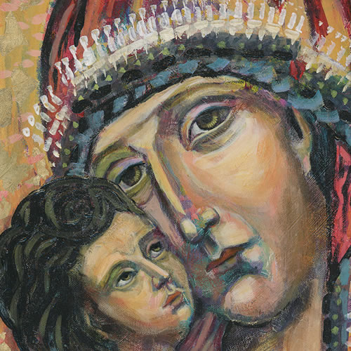  vibrant painting of mary and jesus with gold and orange colors